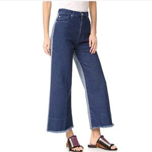 CEDRIC CHARLIER Two-Tone Wide Leg Jeans Raw Hem High Rise Italian Blue Denim 8